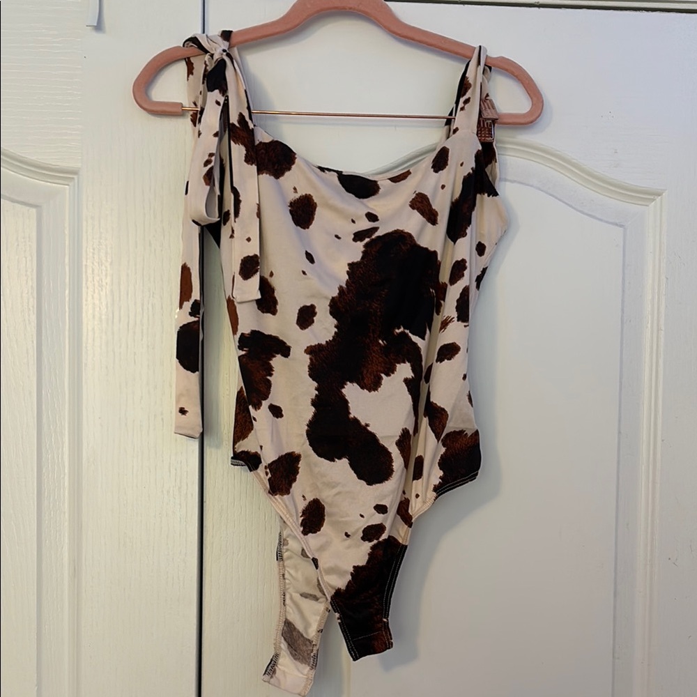 Women’s Cow-Print Tie-Strap Bodysuit - Brown/White